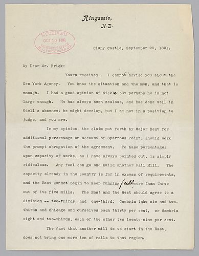 Writing from Cluny Castle, Kingussie, [Scotland], Carnegie discusses Sparrows Point [works] and the production of rail mills in the east and the west. Also, he mentions he will travel to Dunfermline, London and Paris. Letter attached to Henry Clay Frick t