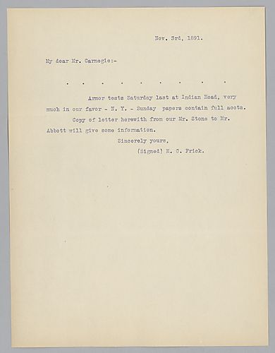 Frick informs Carnegie of armor tests conducted on Saturday. The enclosed copy of the letter from Mr. Stone to Mr. Abbott are not present