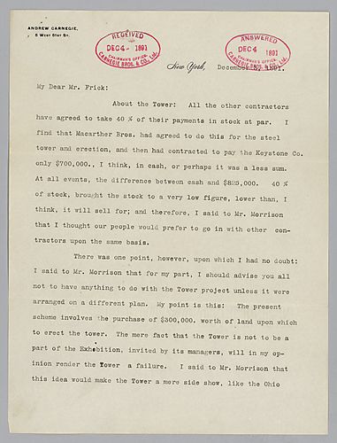 Writing from New York, Carnegie discusses the "Tower project" planned for an upcoming exhibition