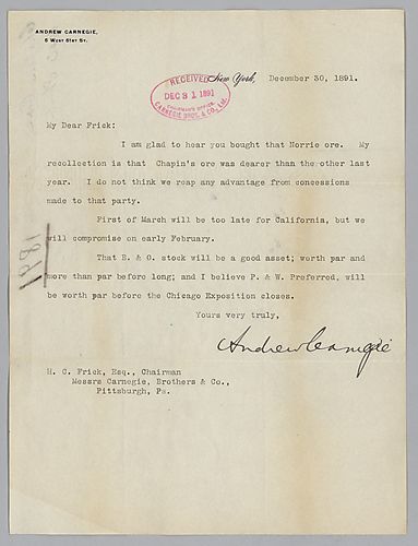 Writing from New York, Carnegie discusses Chapin's ore and "B.&.O." [Baltimore and Ohio Railroad] stock