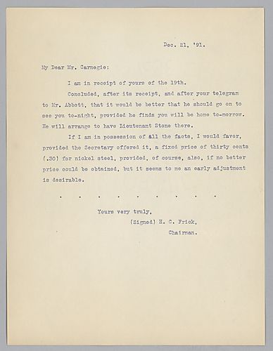 Frick informs Carnegie of receipt of his letter from December 19 and states he favors a "fixed price of (.30) for nickel steel