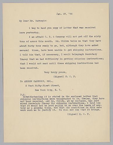 Writing to Carnegie in New York, Frick informs him of the production of armor that month and lack of forthcoming information from Secretary Tracy on shipping instructions for the armor