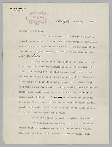 Writing from New York, Carnegie discusses "new beam mill" and the production of armor at Homestead. Handwritten note at the end of the letter states, "Judge Reed arrived and is now at work."