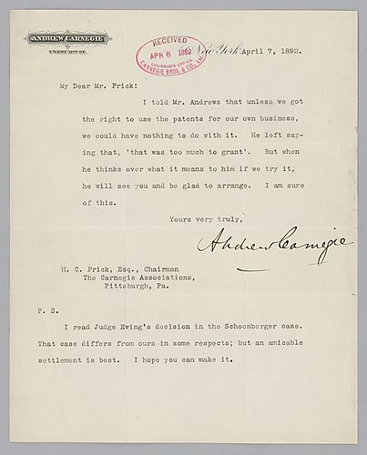 Writing from New York, Carnegie discusses a conversation a with Mr. Andrews about "the right to use the patents for own business." Carnegie refers to Judge Ewing's decision in the Schoenberger case in the postscript