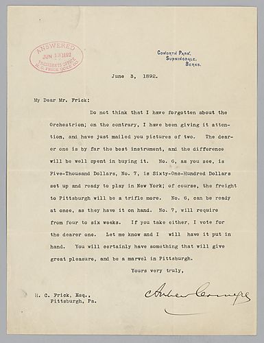 Writing from Coworth Park, Sunnidale, Berks, [England], Carnegie says that he did not forget about the Orchestration and that he sent two photographs of the Orchestration to Frick discussing each. Enclosed photographs are not present