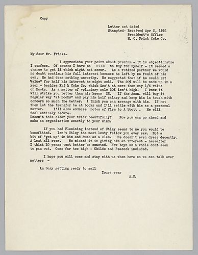 Carnegie discusses the settlement [William] Abbott will receive in his retirement