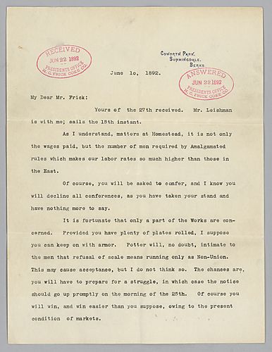 Writing from Coworth Park, Sunnidale, Berks, [England], Carnegie discusses labor issues at Homestead, the production of armor and matters involving Mr. Lauder and Mr. Leishman