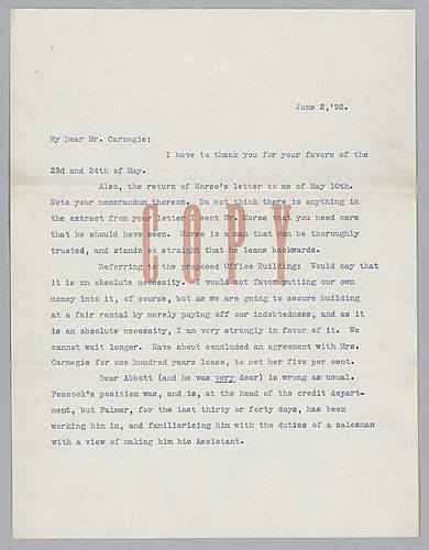 Writing to Carnegie in England, Frick discusses internal business matters and addresses the "Iron clad agreement."