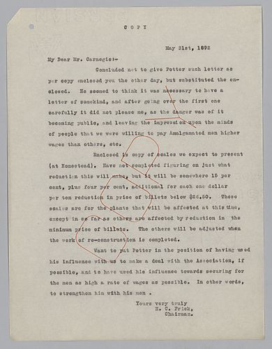 Frick discusses the labor issues occurring Homestead. The enclosed copies of wage scales are not present