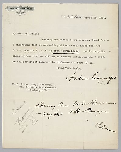 Writing from New York, Carnegie inquires about the production of steel axles for "B.& O." [Baltimore and Ohio Railroad] and "P.R.R. [Pennsylvania Railroad]