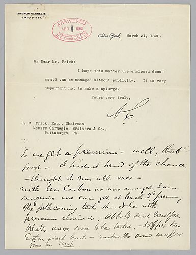Writing from New York, Carnegie says he hopes "the matter" can be managed without publicity. A handwritten postscript discusses the matter of armor tests. Enclosed letter no present