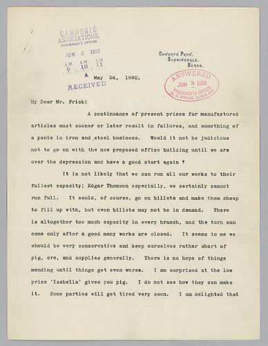 Writing from Coworth Park, Sunnidale, Berks, [England], Carnegie discusses a decline in business. Carnegie announces in handwritten postscript [William] Abbott has traveled to "the continent" and Mr. Lauder has gone to St. Petersburg, [Russia], while no w