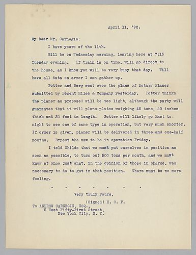 Frick writes to Carnegie in New York, informing him of the production armor. Attached to Henry Clay Frick to Andrew Carnegie, March 30, 1892