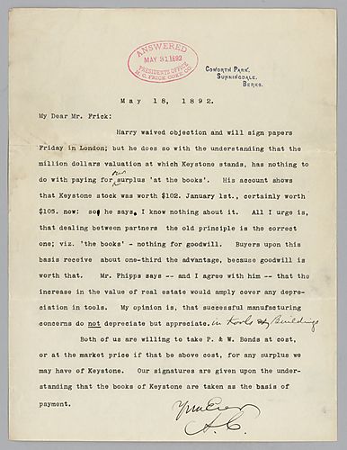 Writing from Coworth Park, Sunnidale, Berks, [England], Carnegie announces that "Harry will sign the [re-organization papers] dealing with Keystone [Bridge Company.]
