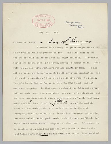 Writing from Coworth Park, Berks, [England], Carnegie comments on Fricks decision to put a "common price" on rails; councils him on how to handle competition in Chicago and points out several points of concern pertaining to the "re-organization papers."