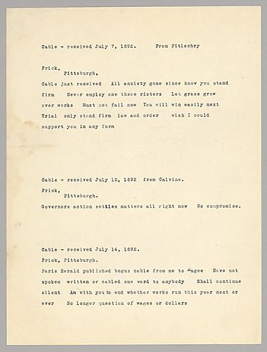Frick recounts the violent clash at Homestead and presents his case for why he acted as he did. He also writes of the involvement of Mr. Potters and his loss of nerve at the critical moment