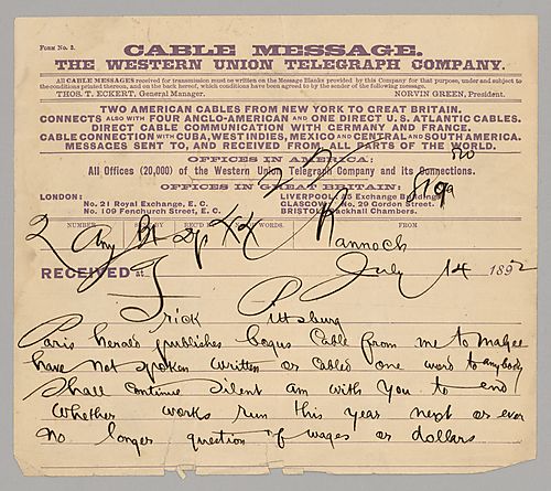 Carnegie writes from Rannoch, [Scotland] his support of Frick despite a fabricated story printed in Paris and that it is no longer a wages issue but that he is willing, if necessary, to close Homestead