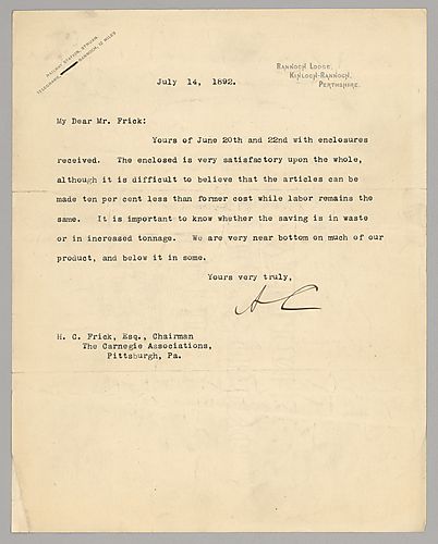 Carnegie writes from Rannoch, [Scotland] on production versus labor issues in response to Frick's letters of June 20th and 22nd