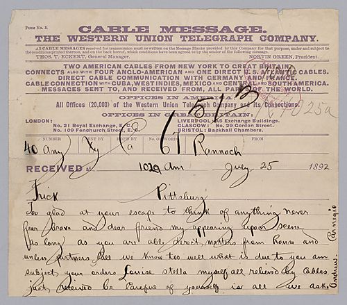 Carnegie writes from Rannoch, [Scotland] on his joy that Frick was still alive after the assassination attempt and asks that Frick be careful