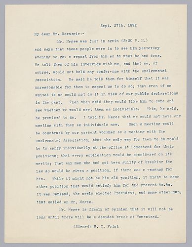 Frick writes on his firm stance in refusing to negotiate with Amalgamated Association and to require workers to apply for jobs at Homestead on an individual basis