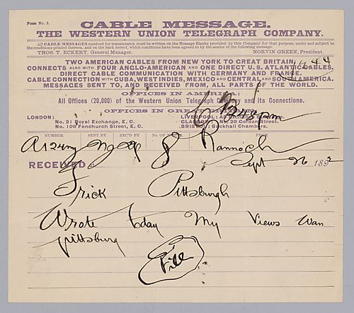 Carnegie writes that he wrote his views on Pittsburgh
