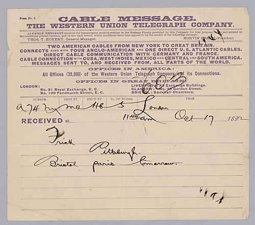 Carnegie writes from London, [England] to say that he will travel to Paris the next day