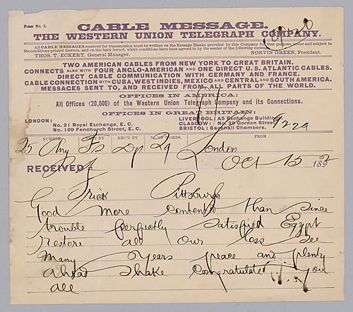 Carnegie writes from London, [England] on his satisfaction with the Egypt situation