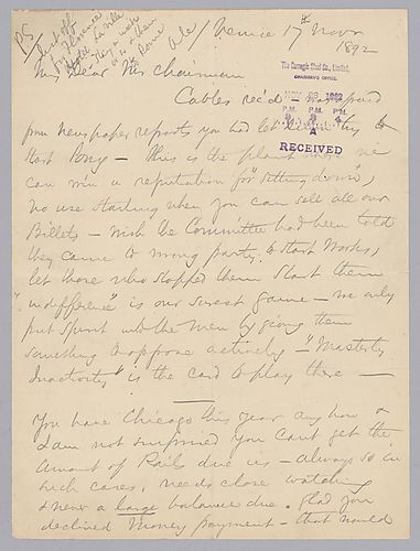 Carnegie writes from Venice, [Italy] on his gladness that pony (the mill) is still cold (not running) and that there is no use starting up until the majority of men ask