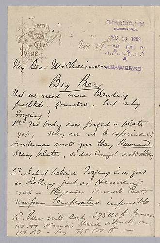 Carnegie writes from Rome, [Italy] on letting other companies experiment with new steel making techniques, increasing capitol, and management expectations in the mills