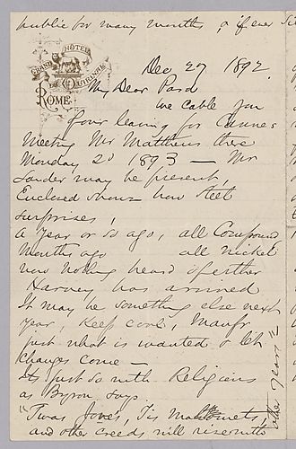 Carnegie writes from Rome, [Italy] on production at Edgar Thomson, the salary of Mr. Childs, and Frick's decision to lower rail prices