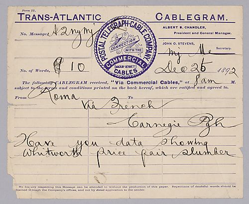 Carnegie writes from Rome, [Italy] on the Whitworth price