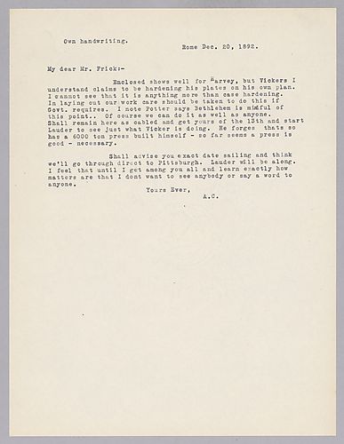 Carnegie writes from Rome, [Italy] on the armor finishing process