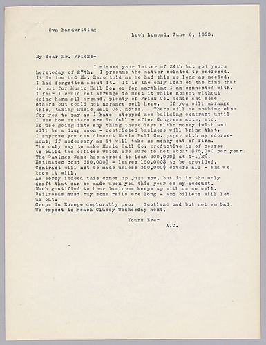 Carnegie writes from Loch Lomond, [Scotland] on a loan to the Music Hall Company