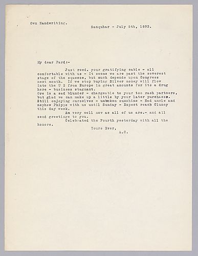 Carnegie writes from Sanquhar, [Scotland] on the United States government's silver/gold standard of money as well as blunders in ore purchasing by the company