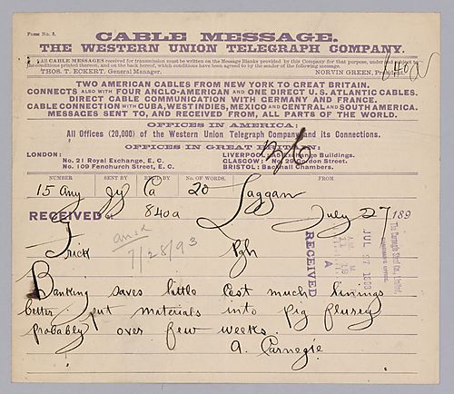 Carnegie writes from Laggan, [Scotland] to tell Frick to put materials into the pig iron flurry over the next four weeks