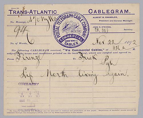 Carnegie writes from Firenze, [Italy] declaring that, "Life worth living again," because of the end of the strike