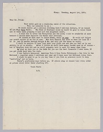 Carnegie writes from Cluny Castle, [Scotland] on the prospects of selling bonds and on Frick's abilities as a financier