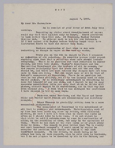 Frick writes on wage reduction plans. He then berates Schwab for his extravagance and mismanagement at Homestead to gain popularity with the workers