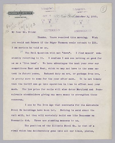 Carnegie writes from New York, [N.Y.] on ways to undersell competitors to the east and west