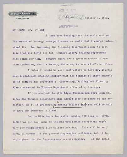 Carnegie writes from New York, [N.Y.] on what should be done in reducing wages