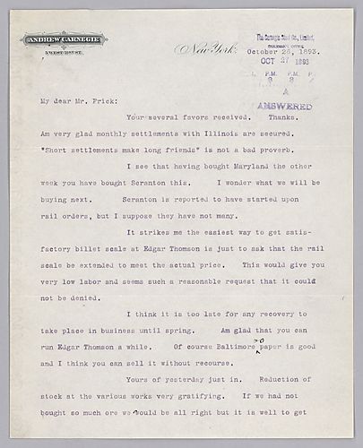 Carnegie writes from New York, [N.Y.] on purchasing companies, collecting on patents, and on the Pennsylvania Railroad Company
