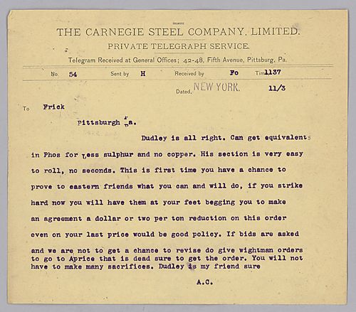 Carnegie writes from New York, [N.Y.] to tell Frick that by making steel slightly differently, he can get the same quality product with less production costs. He adds that this will gain an advantage in the eastern markets