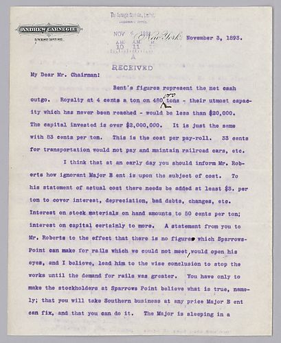 Carnegie writes from New York, [N.Y.] to discuss Maj. Bent's figures on rail costs
