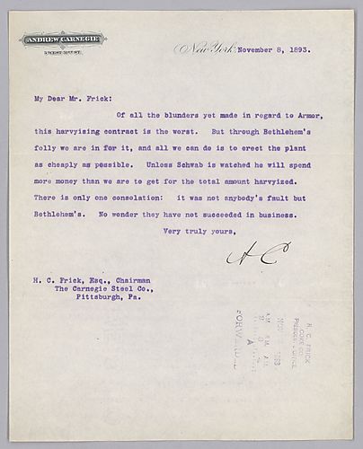 Carnegie writes from New York, [N.Y.] on Bethlehem Steel Company's "blunders" resulting in the need to erect an armor plant as cheaply as possible