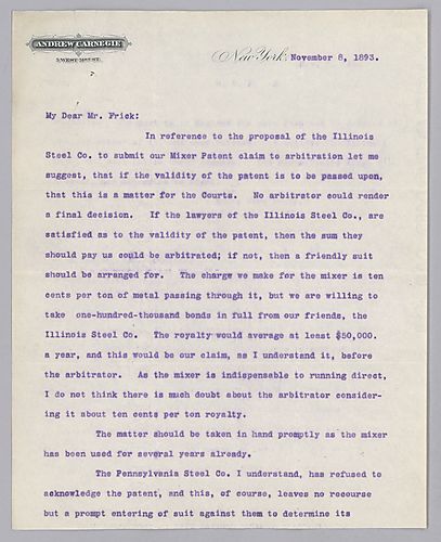 Carnegie writes from New York, [N.Y.] to give tactics in receiving patent royalties from Illinois Steel Company and Pennsylvania Steel Company. In a handwritten letter, Carnegie writes on negotiating with Scranton