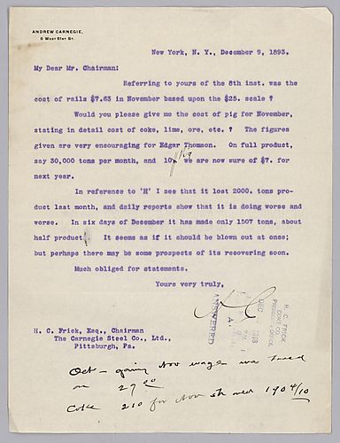 Carnegie writes from New York, [N.Y.] to request production statements from November