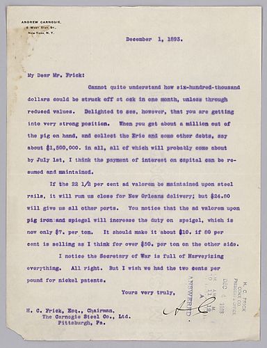 Carnegie writes from New York, [N.Y.] on the company's financial situation, prices for pig iron, and the "Harveyizing" of all military contract nickel-steel