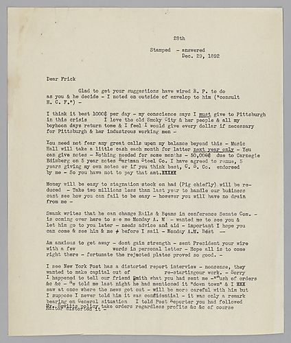 Carnegie writes on the need to give money to Pittsburgh, Frick's loan and other financial agreements, and his apology for letting private information slip though blaming editors for distorting the truth
