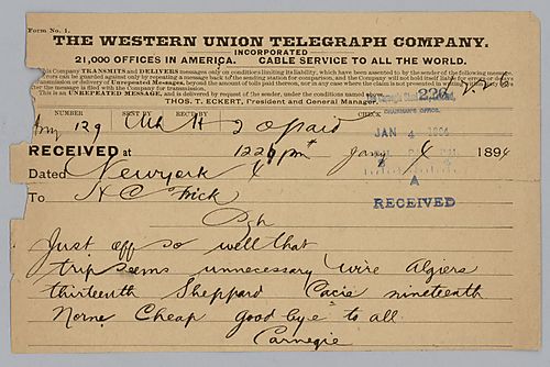 Writing from New York, Carnegie informs Frick he is about to depart on a trip and requests him to wire "Algeria", "Sheppard" [Hotel], "Cairo"