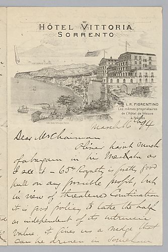 Writing from Sorrento, [Italy], Carnegie instructs Frick to negotiate with Oliver mining because of the involvement of Rockefeller and Porter